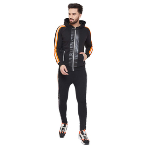 Men's Black Hooded Tracksuit With Orange Stripes Full Sleeve Zipper Sporty Sweat Suit Autumn Wear Regular Fit Side Pockets - Product Image 1
