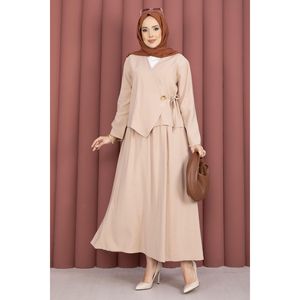 Ensemble deux pièces jupe kimono à nouer sur le côté pour femme, en crêpe beige, tenue printemps/été avec ensemble court pour occasions d'automne - Product Image 4