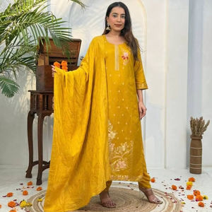 Jacquard Handwork Kurti Pant Dupatta Set in Pure Muslin Meena <b>Detailing</b> Party Wear <b>Quick</b> Dry Wrinkle Free Handcrafted Embroidery - Product Image 1
