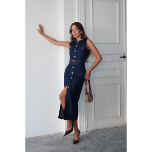 Vestido vaquero azul marino sin mangas para mujer con cinturón y cierre de botones frontales - Product Image 5