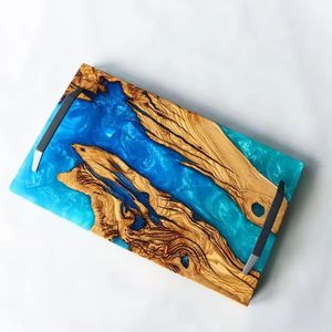 Bandeja de servicio de resina de madera rústica con detalle de ágata pulida - Product Image 5