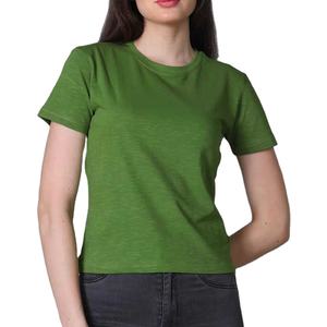Compre Camisetas de Mujer con MOQ Bajo, Ropa Casual, Cuello Redondo, Camiseta Básica de Manga Corta, Color Verde Sólido Teñido, Camiseta con Cuello Redondo para Verano - Product Image 3