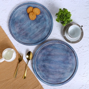 Sustainable Mango Wood Round <b>Dinner</b> Platter Blue Antique Wooden Serving <b>Tray</b> for Home Decor Food Vegetables Fruit Appetizer <b>Tray</b> - Product Image 1