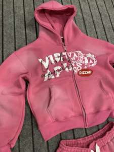 Logo personnalisé 100% coton pantalon de survêtement évasé surdimensionné en détresse Vintage soleil fané fermeture éclair lavage à l'acide survêtement strass hiver - Product Image 2