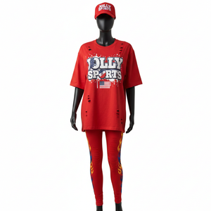 เสื้อยืดคอตตอนคุณภาพสูง 200 GSM และกางเกงเลกกิ้งโพลีเอสเตอร์ผสมสแปนเด็กซ์ ลายพิมพ์เปลวไฟสีแดง สกรีนโลโก้ตามสั่ง ชุดเซ็ตสำหรับผู้หญิง - Product Image 6