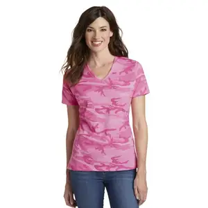 女士v领粉色狩猎t恤纯棉制作透气舒适空白迷彩高品质短袖t恤