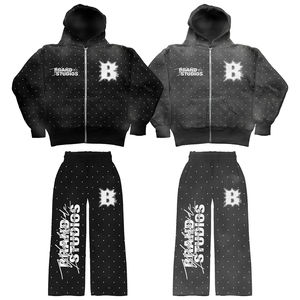 Sérigraphie personnalisée sweat-shirt à capuche court entièrement rempli de strass délavé à l'acide pour hommes pantalon de survêtement évasé survêtement à capuche en coton - Product Image 2