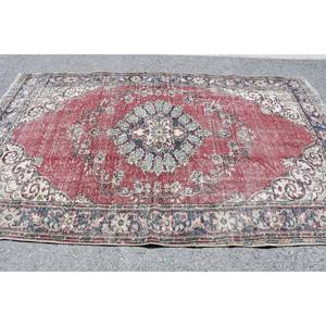 Alfombra de lana de retazos vintage de 5,7x9,3 pies, alfombra de tejido plano turco para sala de estar, roja y beige con respaldo de látex - Product Image 4