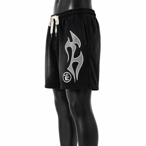 Top Selling Custom Men’s Black Streetwear Shorts OEM ODM Cotton Fleece Flame Graphic Print <b>Elastic</b> Waist Casual Shorts - Product Image 4