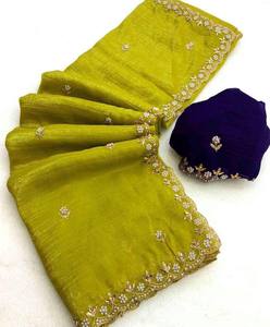 Diseño exclusivo de diseño tradicional, diseño de bordado con ambas manos de Sari, trabajo Moti y trabajo de diamantes, tela de seda Shiffron crujiente - Product Image 1