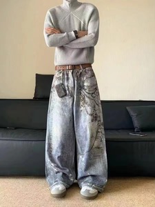 2025 Men's Custom Gothic Streetwear Pants for Contrast <b>Stitch</b> & Straps Embroidery Denim Straight Jeans Zipper Chain Details - Product Image 6