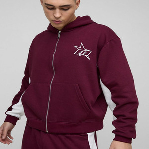 Nouveau design Bourgogne Oversize Boxy Fit Star Panelled Zip Up Through Hoodi pour hommes coton mélangé les plus vendus hommes Hoodies - Product Image 1