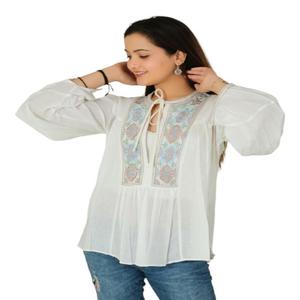 Top bordado de algodón bohemio para mujer, blusa bordada a mano sólida de diseñador, ropa informal de verano, camisa Bohemia ligera - Product Image 2