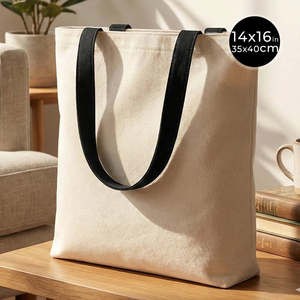 กระเป๋าโท้ททรงกระเป๋าถือ ขนาด 14 x 16 (35x40 ซม.) ทำจากผ้าฝ้ายธรรมชาติ สีธรรมชาติ พร้อมหูหิ้วสีดำ น้ำหนัก 10 ออนซ์ ปิดแบบเปิด ดีไซน์โดดเด่น - Product Image 2