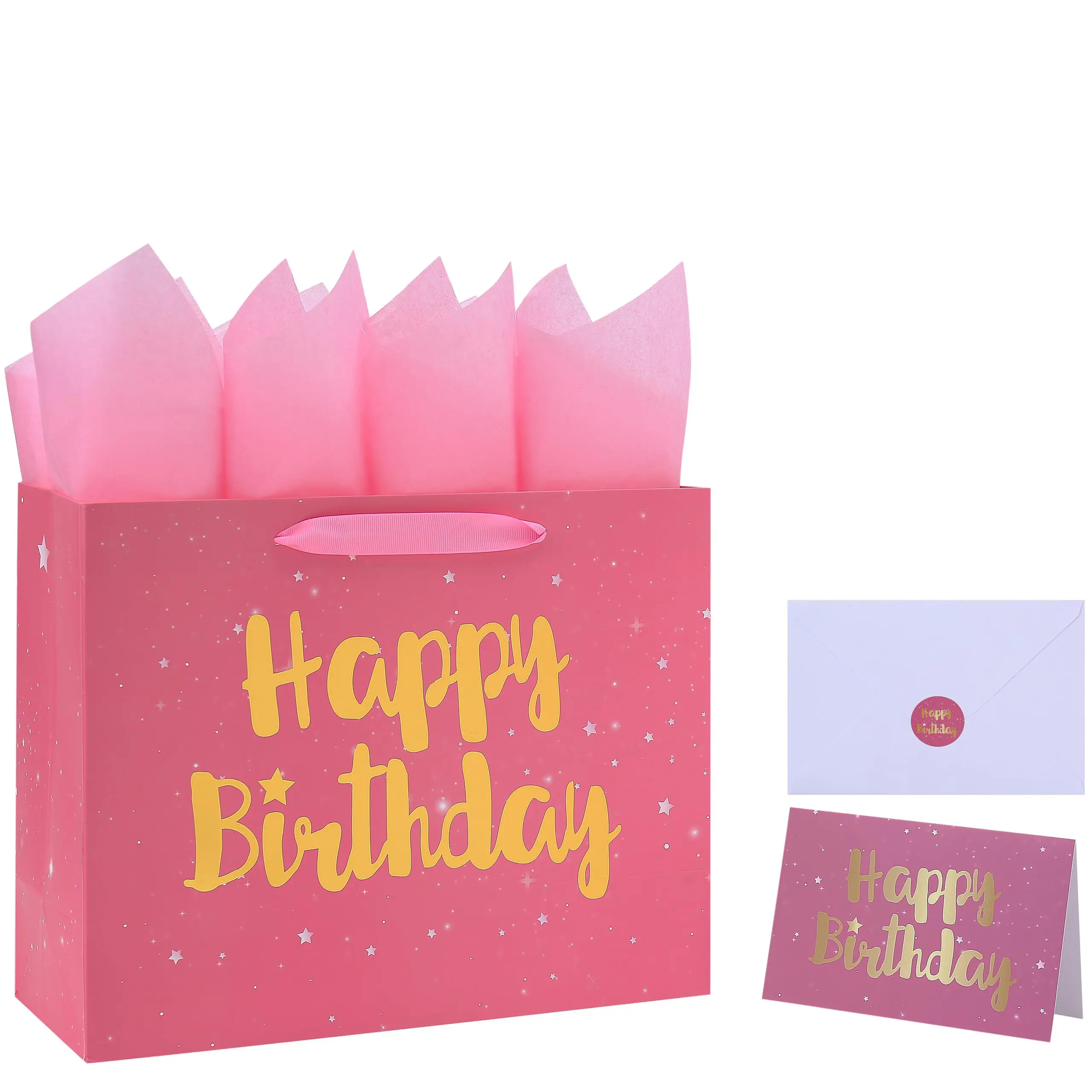 13" Luxury Pink Gift Bag Set Greeting Card Tissue Papers (Gold Foil Happy Birthday Stars)-Ribbon Handle for