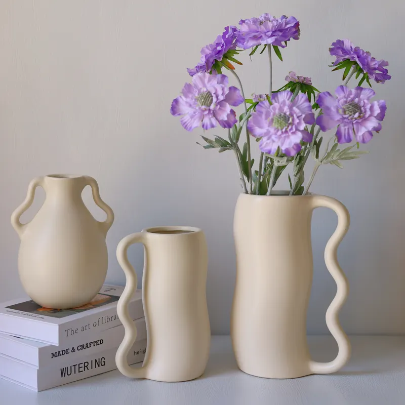 Amazon Hot Selling Ohr topfform Beige Wellige Keramik vase für Wohnkultur Geschenke
