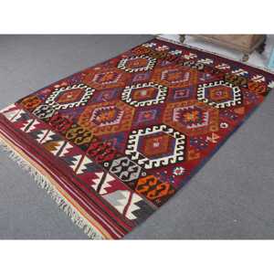5.5x8.5 ft Rug, Vintage Turkish Rug, <b>Red</b> Kilim <b>Wool</b> Rug - Product Image 2