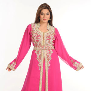 ชุดแม็กซี่คาฟตันสีชมพูสไตล์อิสลาม, ชุดแม็กซี่สไตล์อาหรับระบายอากาศได้ดีประดับด้วยหินและลูกปัดสำหรับงานปาร์ตี้ - Product Image 1