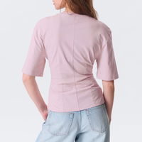 T-shirts OEM personnalisés vierges pour femmes, en coton doux tricoté, coupe ajustée, manches courtes, style vintage, avec détail de point de croix, hauts moulants
