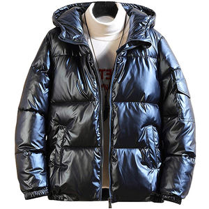 Veste matelassée à capuche pour homme, hiver, noire, logo OEM sur le devant, personnalisable, brillante, imperméable, réversible, élégante - Product Image 4
