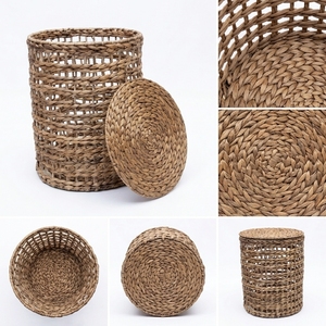 Natural Water Hyacinth Storage <b>Basket</b> <b>With</b> <b>Lid</b> Tall Cylinder Open Grid Weave Laundry Hamper Bin Pure Art Setup Room Decor Crafts - Product Image 3