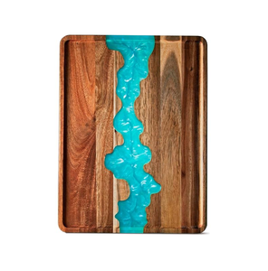 Plateau de service carré en bois et résine avec poignée en acier inoxydable, motif rivière bleue, plateau de service alimentaire en bois et résine - Product Image 2