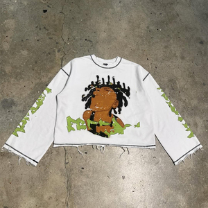 Streetwear imprimé personnalisé 300GSM recadrée t-shirt à manches longues pour hommes col rond en détresse coton éponge français t-shirt OEM - Product Image 3