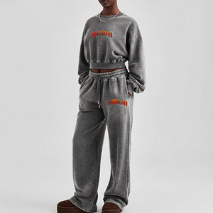 Custom DTG Printed Logo Oversize Acid Washed Heavyweight Pullover Sweatshirt & Jogger <b>Set</b> Breathable Solid Color Tracksuit - Product Image 4