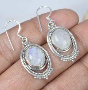 High Quality Silver Sterling 925 Earrings White Oval Cut Bezel Setting <b>Rainbow</b> Moonstone Dangle Drop Gemstone Wholesale For Her - Product Image 1