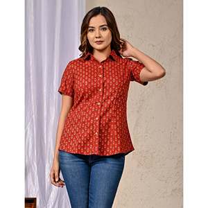 Red Poplin Cotton Printed <b>Half</b> Sleeves <b>Shirt</b> for Women Stand Collar Embroidered Decoration Viscose Rayon XS XL Long for Autumn - Product Image 6