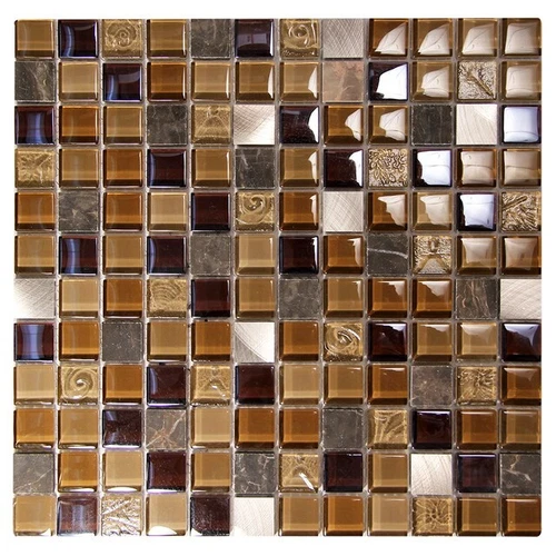 Coeus Modern Brown Mosaic Fireplace Wall Tile Glass Marble & Metal Decorative for Interior