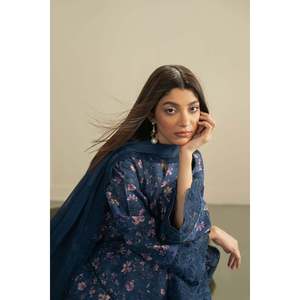 Chiffon <b>Silk</b>-Printed Dupatta Embroidered Lawn Shirt and Dyed <b>Trousers</b> Set-AYZEL BIC-053 - Product Image 3