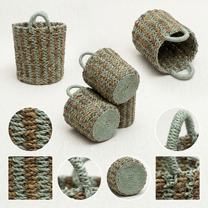 Natural Banana Bark Recycled <b>Plastic</b> Storage <b>Basket</b> Set Green Stripe Arch Handle Pot Planter Organizer Setup Decor Pure Art - Product Image 3