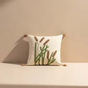 Housse de coussin brodée en paille naturelle, carrée, douce, en coton, avec motif végétal, pour la décoration de la maison, sans rembourrage intérieur - Product Image 2