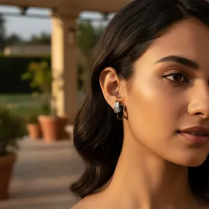 "Baguette Diamond & <b>Silver</b> Onyx Earrings for Women" - Product Image 1