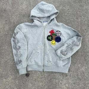 OEM Custom <b>Distressed</b> Embroidered Patches 100% Cotton Zip Heavyweight Hoodie Streetwear Sweat Pants Hoodie Set Tracksuit Summer - Product Image 2