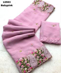 Mooie Geborduurde Etnische Dameskleding Geborduurde Georgette <span class=keywords><strong>Saree</strong></span> Voor Bruidegoms-Meidenkleding Tegen Groothandelsprijzen - Product Image 6