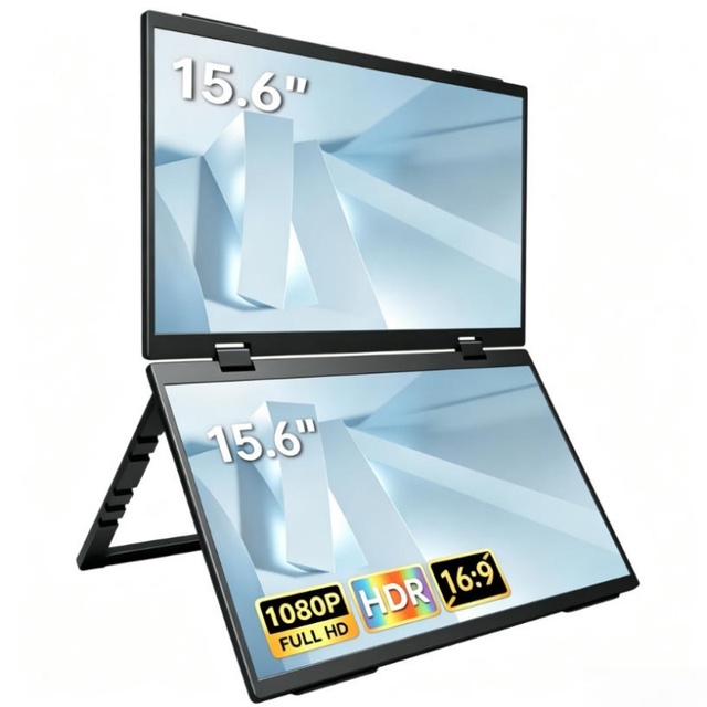 15.6" Portable IPS Foldable Dual Stacked Monitor 1080P FHD Laptop Screen Extender Built-In Stand Single Cable Triple Monitor