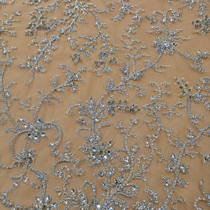 European American Luxury Floral Pattern Handmade Gold Stone <b>Embroidery</b> Beaded Lace Fabric 100% Polyester Breathable Lightweight - Product Image 1