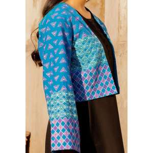 Veste Courte Brodé Bleu Khaddar pour Femme, Coupe Oversize Coréenne, Paillettes et Strass, Personnalisable, Teint Uni, Respirante pour l'Automne - Product Image 5