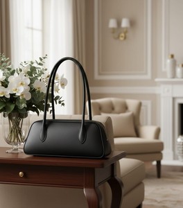 Black Genuine Leather Barrel <b>Bag</b> Women Fashion Two Long Handles <b>ZIP</b> Closure Water Resistant 90s Style Minimalist Shoulder <b>Tote</b> - Product Image 2