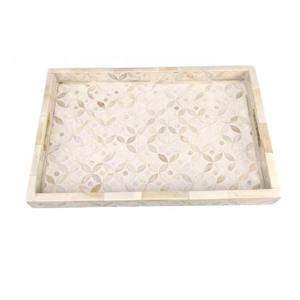 White Round Designer Wooden Bone Inlay Tray Multiuse Handcrafted Tray for Serving Decor and Thoughtful Gifts From India - Product Image 1