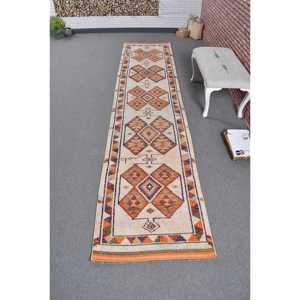 Vintage Turkish <b>Runner</b> <b>Rug</b> 2.8x12.5 ft Orange Ombr Wool Patchwork with Latex Backing Eco-Friendly Traditional <b>Rug</b> - Product Image 1