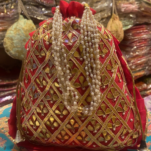 Beautiful Designer Women's Handmade <b>Red</b> <b>Fabric</b> With Golden Zari Worked Fashion Potli Bag Wrist Handbag Wholesale for Party's - Product Image 1