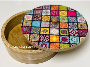 Handcrafted <b>Wooden</b> Chapati <b>Box</b> for Decorative Roti <b>Storage</b> Colorful Printed Lid with Polished Finished Decoration - Product Image 2
