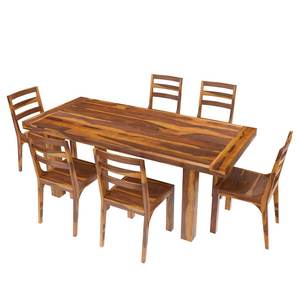 Ensemble de table à manger extensible en teck massif 7 pièces, artisanal, rustique et moderne, avec 6 chaises à dossier échelle, salle à manger personnalisée - Product Image 6