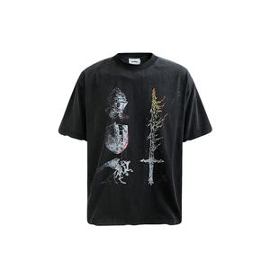 เสื้อยืดผู้ชายทรงหลวมสไตล์วินเทจฟอกสี คุณภาพสูง พิมพ์ลายสตรีทสไตล์ ผ้าฝ้าย 100% เสื้อยืดลำลองสำหรับผู้ชาย - Product Image 1