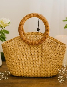 Minimalist Handmade <b>Straw</b> Tote Bag Woven Water Hyacinth Purse with Round Bamboo Handle, Eco Friendly Summer <b>Handbag</b> - Product Image 4