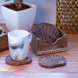Kezevel Wooden Coasters Mango Wood Artistically Handcrafted Seashell Design Set of 6 with <b>Holder</b> for Serving Coaster <b>Plate</b> - Product Image 1