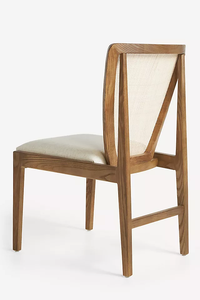 Chaise de salle à manger moderne en bois avec dossier en rotin trapézoïdal et coussin en tissu - Product Image 3